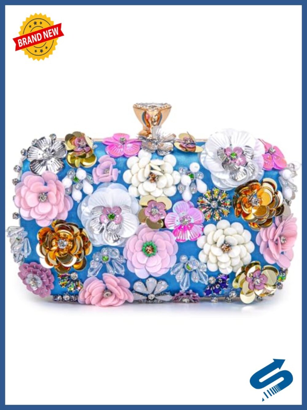 Faux Leather Clutch Evening Bag with 3D Flower Sequin and Chain Strap